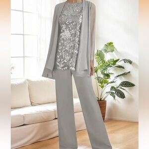 Elegant Silver Gray 3-Piece Pant Set